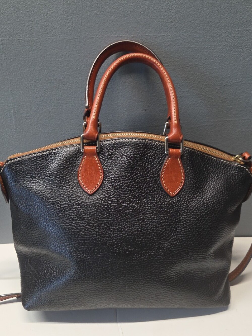 Dooney & Bourke Black Pebble Leather Satchel with Brown Trim - Picture 2 of 10
